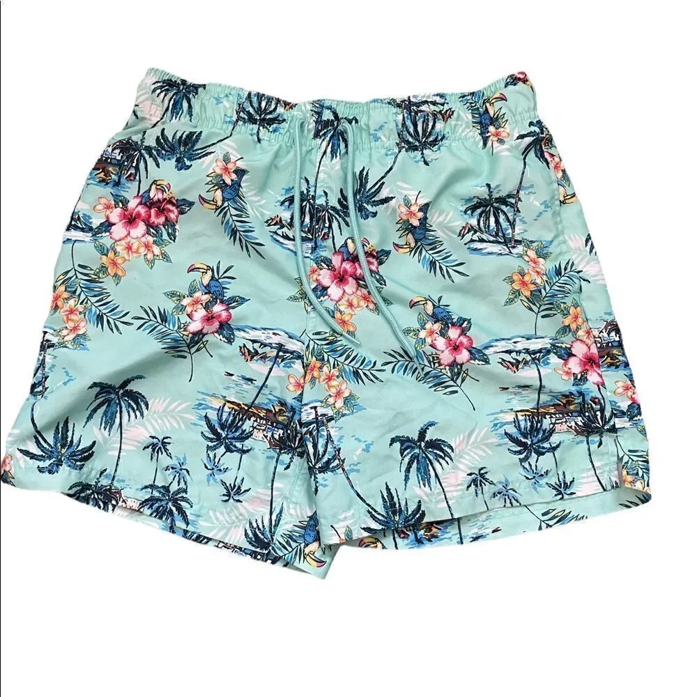 George Mens aqua Hawaiian floral swim trunks‎